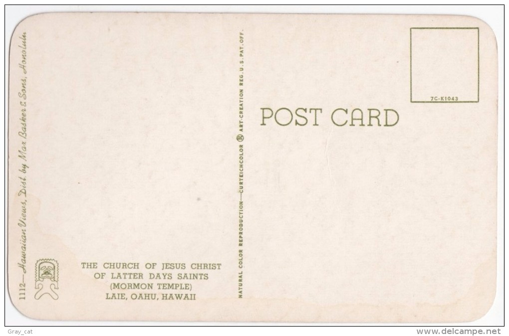 USA, The Church Of Jesus Christ Of Latter Days Saints, Mormon Temple, Oahu, Hawaii, Unused Postcard [16660] - Oahu