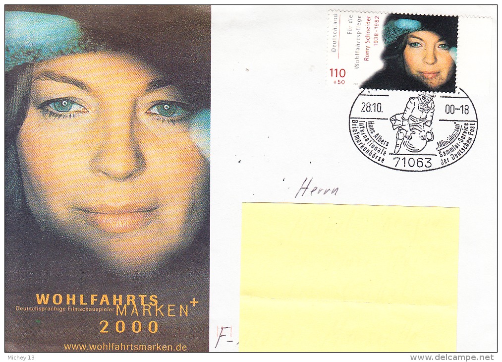 Allemagne-SINDELFLINGEN-28/10/2000- Cachet Commémoratif Hans Albers-sur Lettre Avec Timbre Romy Schneider - Cinéma