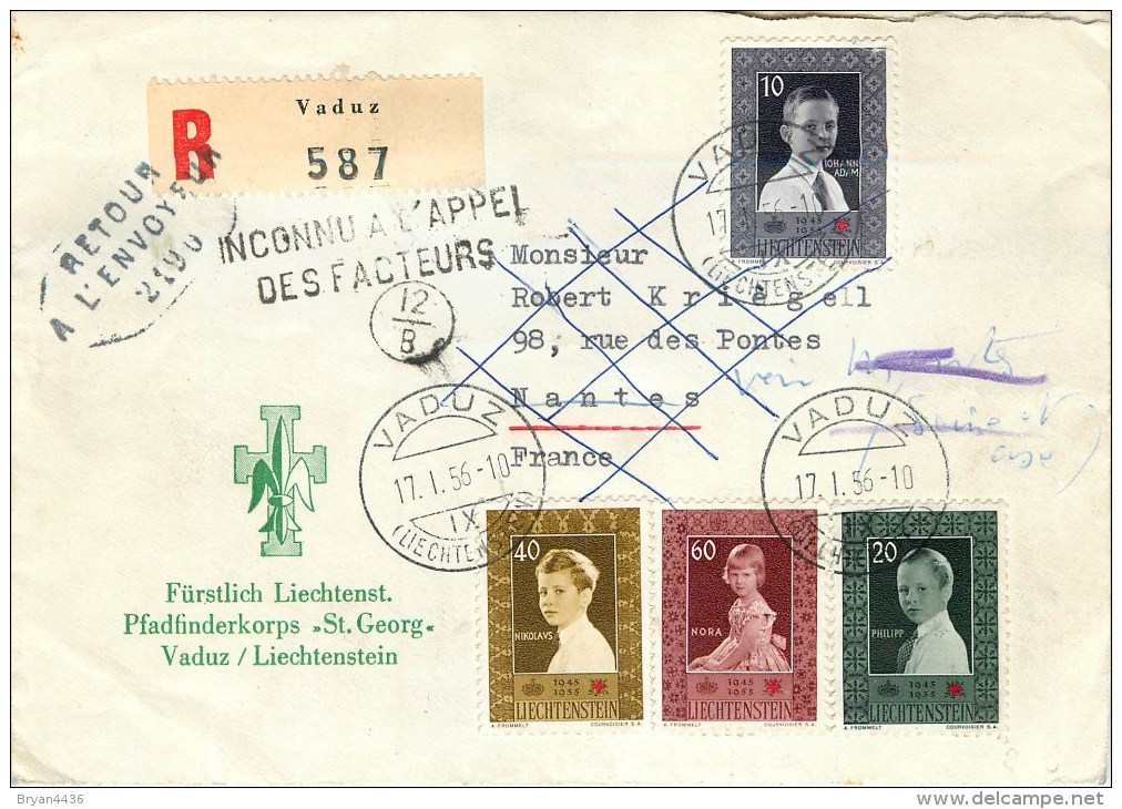 LIECHTENSTEIN - 1956 - NOMBREUX CACHETS  & OBLITERATIONS SUR TIMBRES CROIX ROUGE N° 300, 301, 302,303 - RETOUR - Machines à Affranchir (EMA)