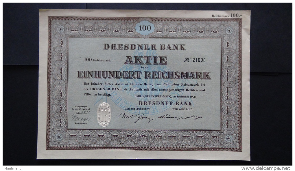 Germany - Dresdner Bank - Nr:121008/ 1952 - 100 Reichsmark Share + Coupons - Look Scans - Bank & Versicherung