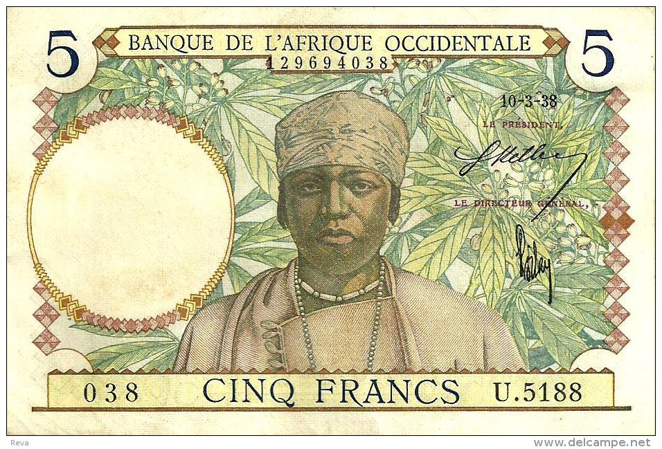 AFRIQUE OCCIDENTALE FRANCAISE 5 FRANCS GRAY WOMAN FRONT & MAN BACK DATED 30-03-1938 P.21 EF READ DESCRIPTION !! - Other - Africa