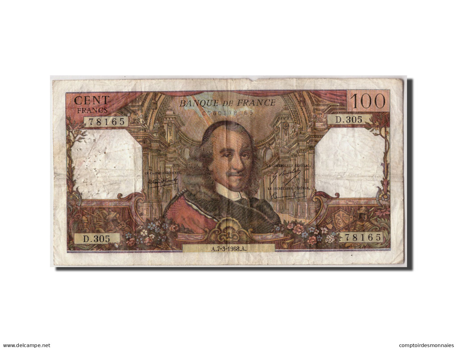 Billet, France, 100 Francs, 100 F 1964-1979 ''Corneille'', 1968, 1968-03-07, TB - 100 F 1964-1979 ''Corneille''