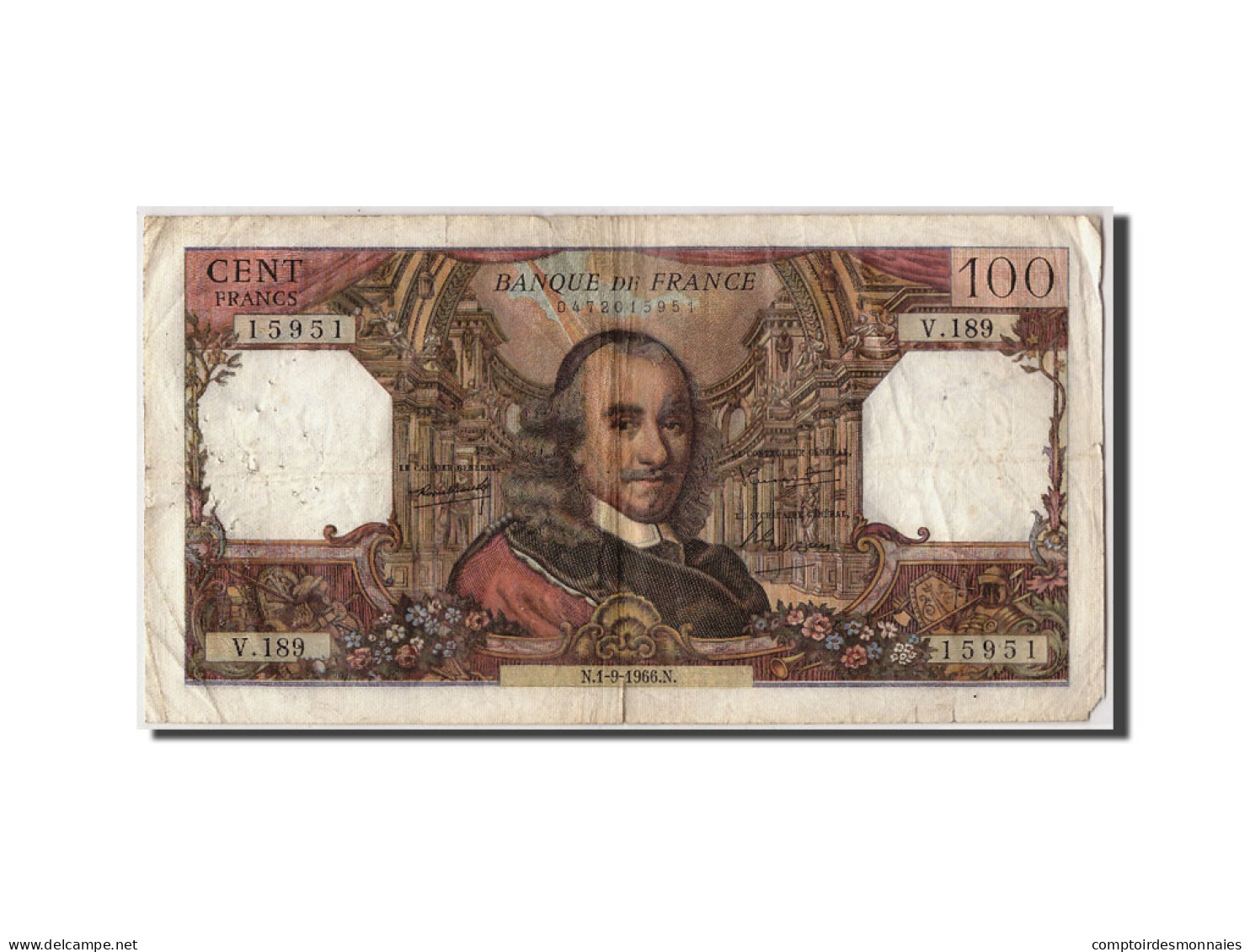 Billet, France, 100 Francs, 100 F 1964-1979 ''Corneille'', 1966, 1966-09-01, TB - 100 F 1964-1979 ''Corneille''