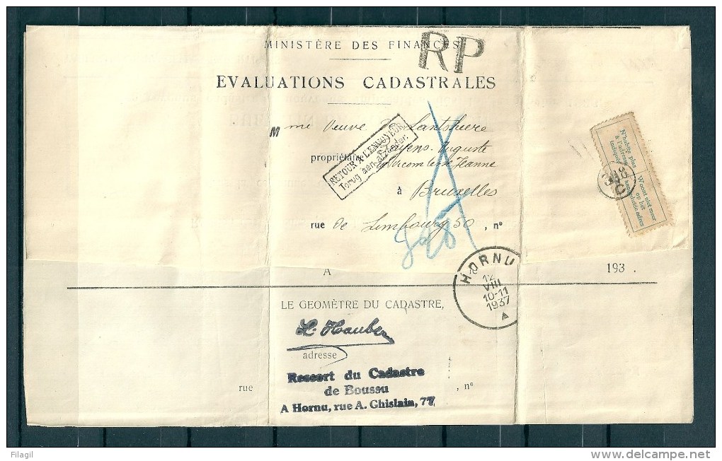 Brief Van Hornu Naar Bruxelles Terug Naar Afzender Woont Niet Meer Op Het Aangeduide Adres - Lettres & Documents