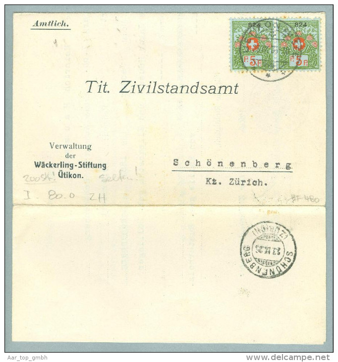 Heimat ZH  Uetikon A.See 1926-09-23 Portofreiheitsb. Paar Zu#8 Gr#824 200 Marken Ausg.! - Portofreiheit