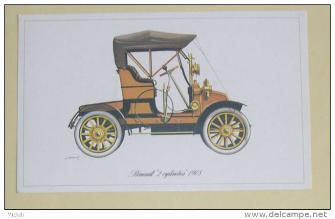 RENAULT 2 CYLINDRES 1908 - HISTORIQUE - FICHE TECHNIQUE - 18,5 X 11,5 Cm - 2 SCANS - Voitures