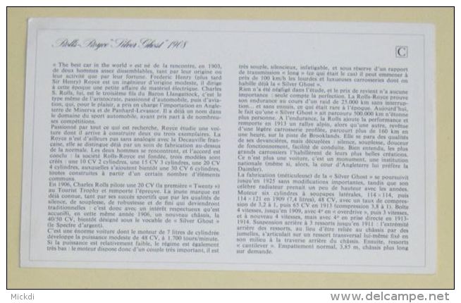 ROLLS ROYCE SILVER GHOST 1908 - HISTORIQUE - FICHE TECHNIQUE - 18,5 X 11,5 Cm - 2 SCANS - Autos