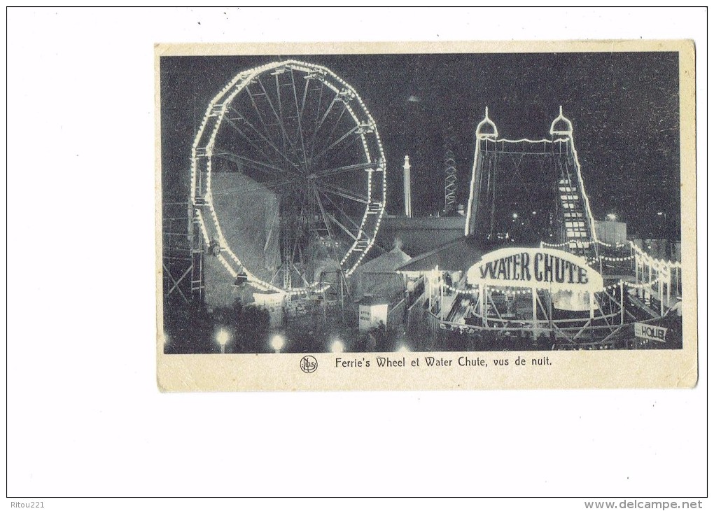 Bruxelles 1935 - La Lampe D´eclairage MAZDA - Ferrie's Wheel Et Water Chute - Manèges Vus De Nuit - Grande Roue - Bruxelles La Nuit