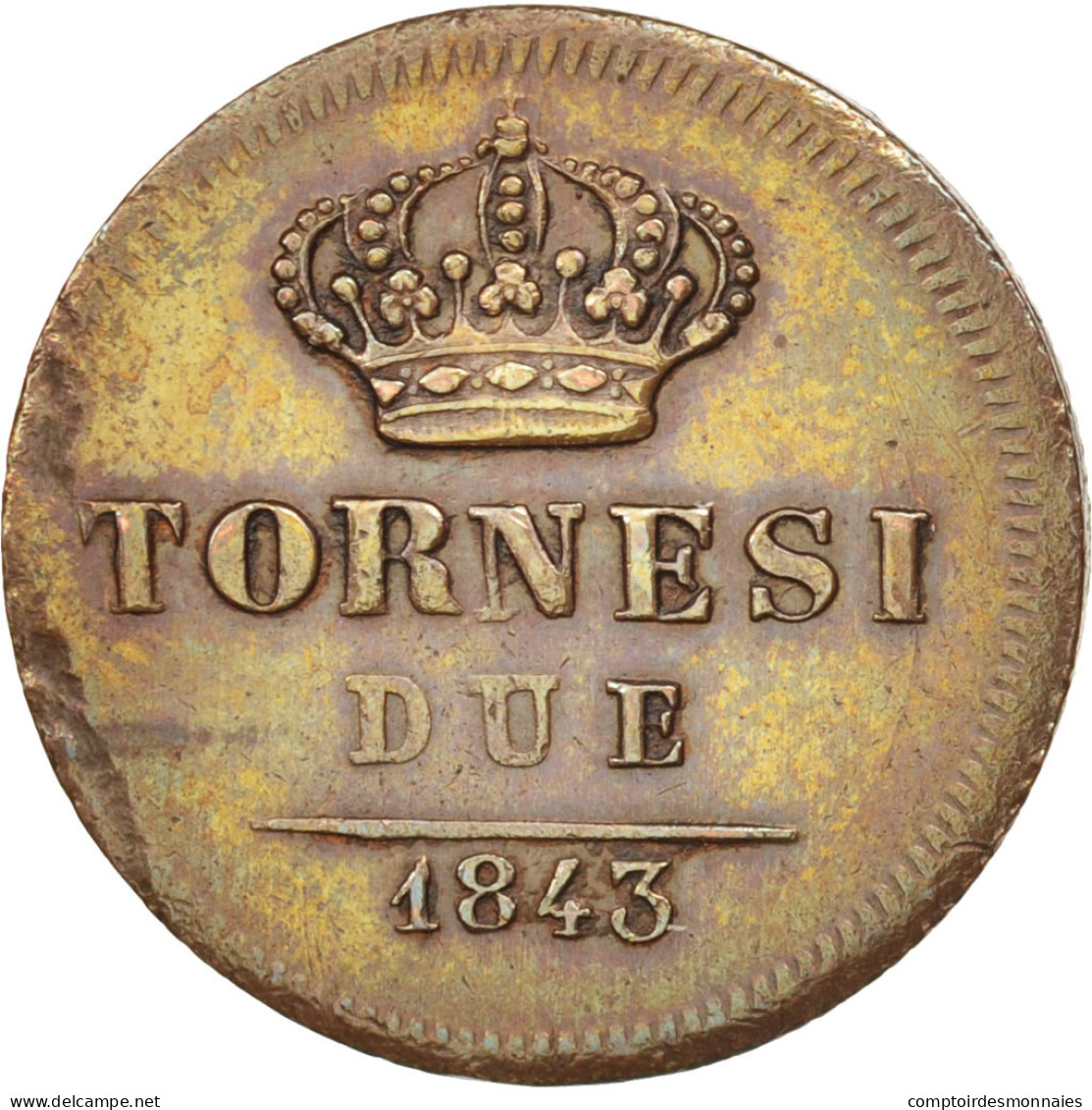 Monnaie, États Italiens, NAPLES, Ferdinando II, 2 Tornesi, 1843, TTB+, Cuivre - Napoli & Sicilia