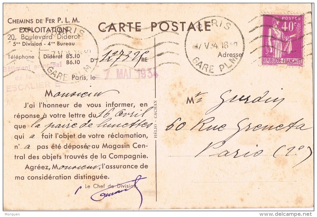 16908. Postal Privada, Privée PARIS 1934. Chemins De Fer P.L.M. - Cartas & Documentos