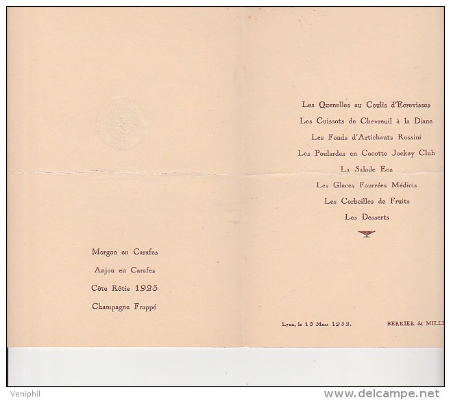 MENU C.C.L- HOTEL PALACE LYON -CONGRES NATIONAL FEDERATION DES COMPAGNIES DES CHEFS DE CPMPTABILITE DE FRANCE ET COLONIE - Menu