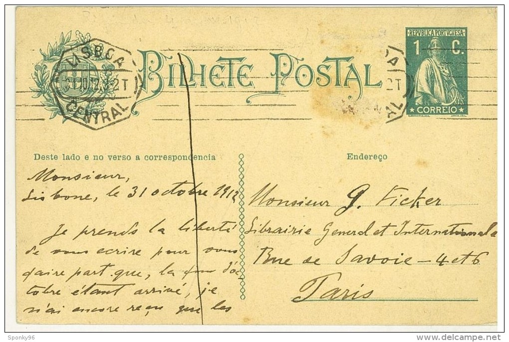 STORIA POSTALE - PORTOGALLO - REP PORTUGHESE-ANNO 1912 - BILHETE POSTAL - LISBOA CENTRAL -  LISBONA - PER SIG. FICKER - - Marcophilie