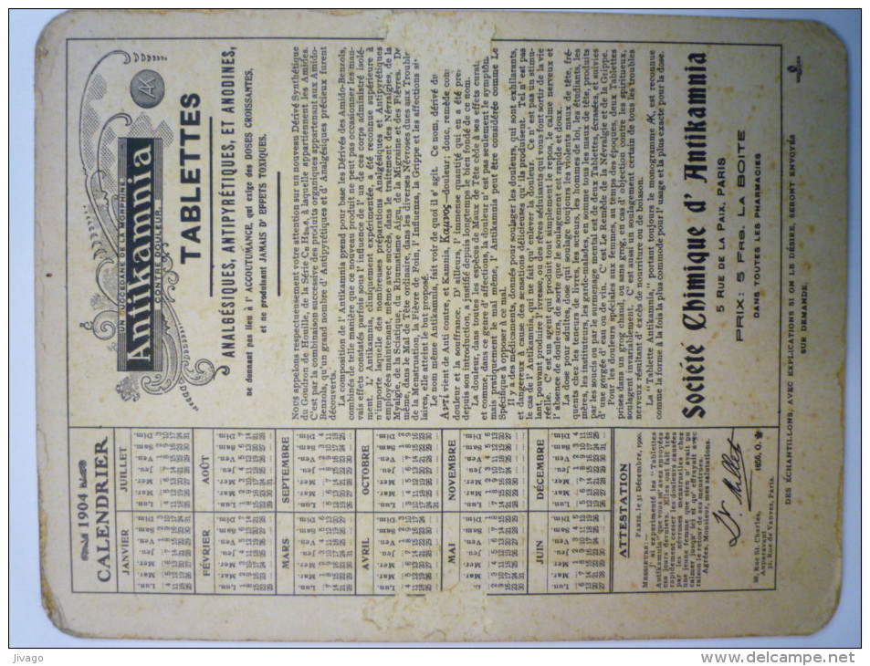 Très Joli  CALENDRIER  PUB  1904  " TABLETTES D´ANTIKAMNIA "    - Big : 1901-20