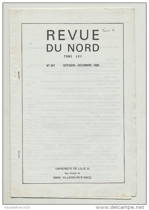 Libro REVUE DU NORD F2 LXII 247  10  12/1980 Archéologie Fouilles Thermes Gallo Romains De FAMARS Avec Planches - Picardie - Nord-Pas-de-Calais