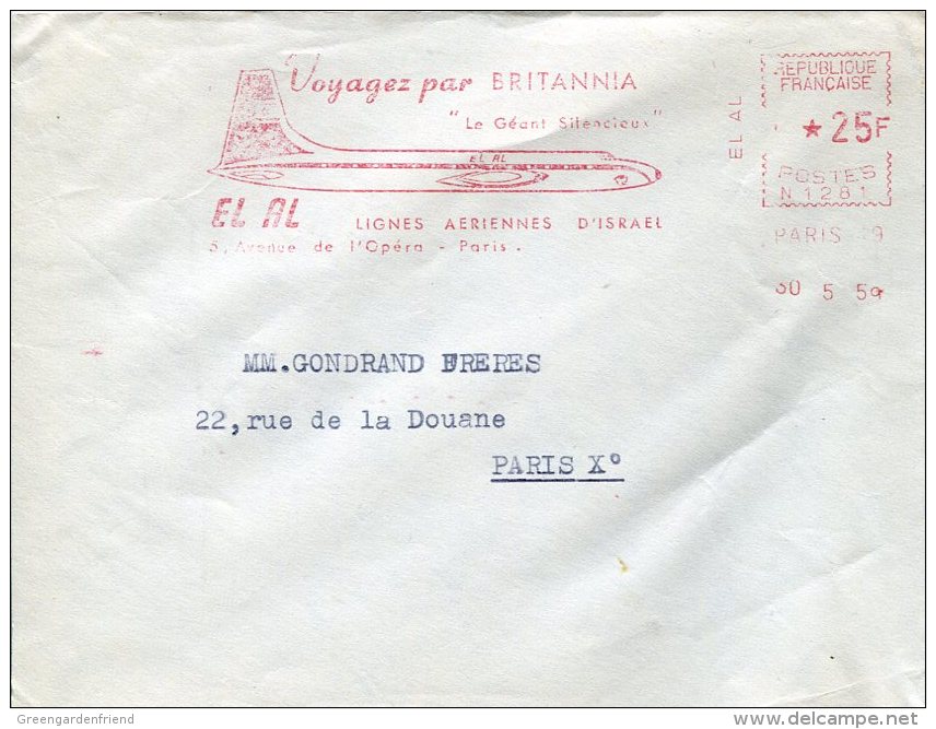 5443 France,cover With  Red Meter Freistempel 1959  El Al   Voyagez Par Britannia,  Airplane, Flugzeuge, Avion Britannia - Aerei