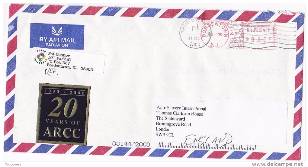 2000 ARCC 20th ANNIV LABEL On COVER USA To ANTI SLAVERY GB  Religion Catholic Christianity Meter Stamps - Cinderellas