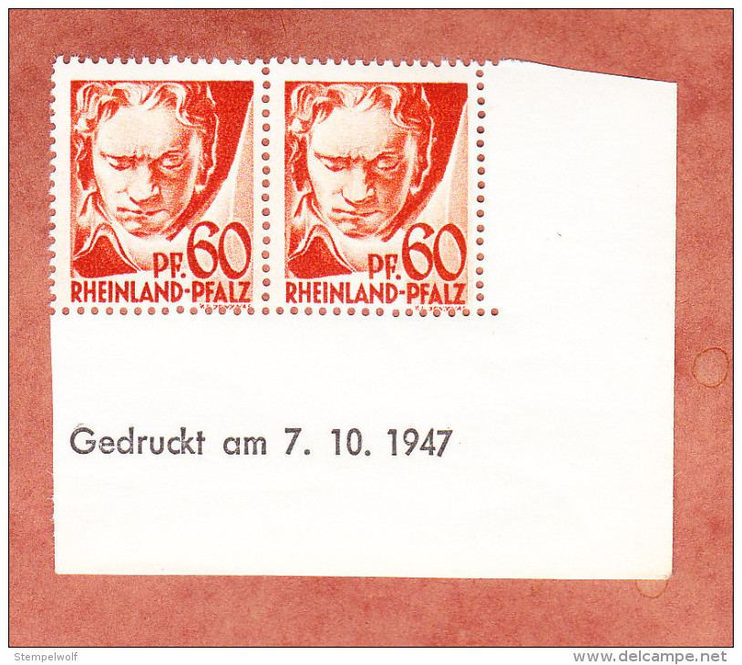 Rheinland-Pfalz, Mi 12yv Beethoven, Waagrechtes Paar Mit Druckdatum 7.10.1947, Postfrisch (28492) - Sonstige & Ohne Zuordnung