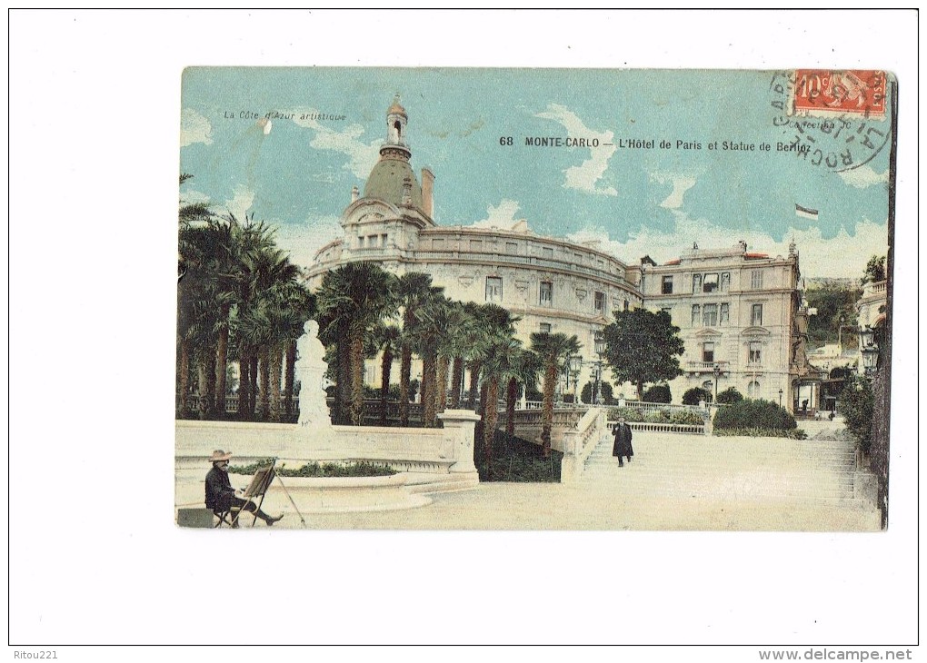 Monaco, Monte-Carlo, L'Hôtel De Paris Et Statue De Berlioz - Animation Peintre Chevalet - 1913 - Otros & Sin Clasificación
