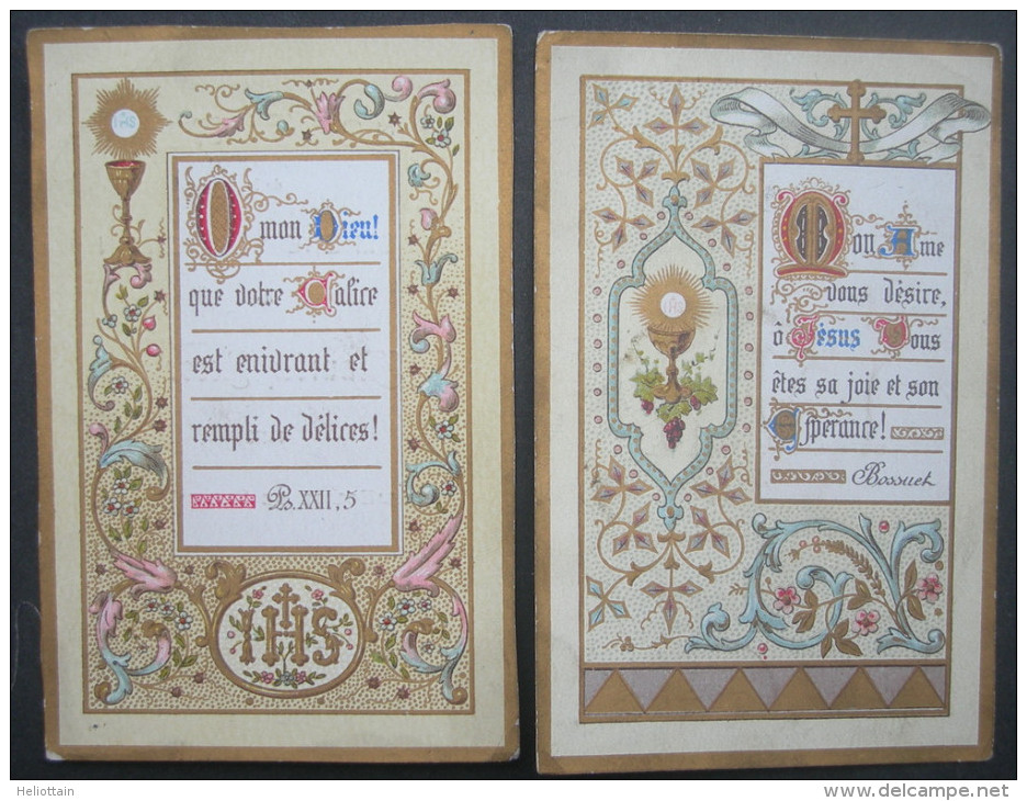 2 IMAGES PIEUSES (chromo  Fin XIXème) : MON DIEU - L'EUCHARISTIE - ENLUMINURES & TEXTES DIFFERENTS / SANTINO - Andachtsbilder