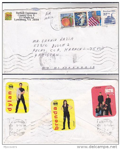 1996 Cover 90210 TV SHOW LABELS SEAL  Airmail USA To Pakistan , Television Label - Covers & Documents