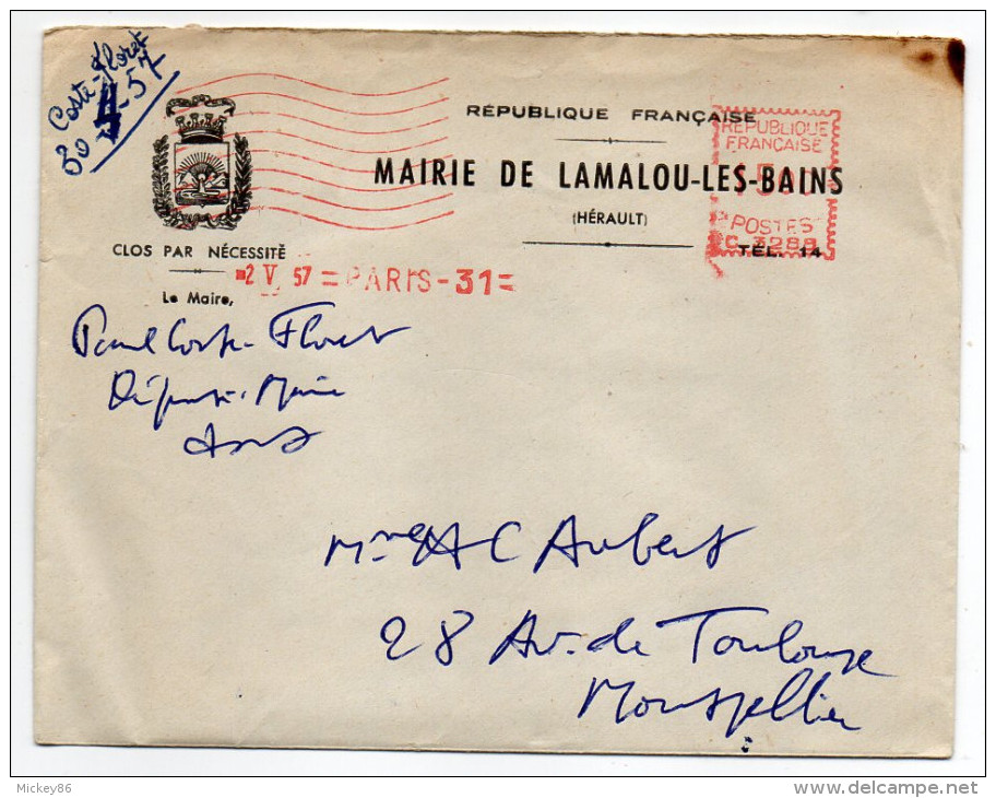 2-5--1957---EMA  PARIS 31 --machine N°C 3288--*15 00 -Mairie De LAMALOU LES BAINS(blason) Pour Montpellier-34 - EMA (Empreintes Machines à Affranchir)