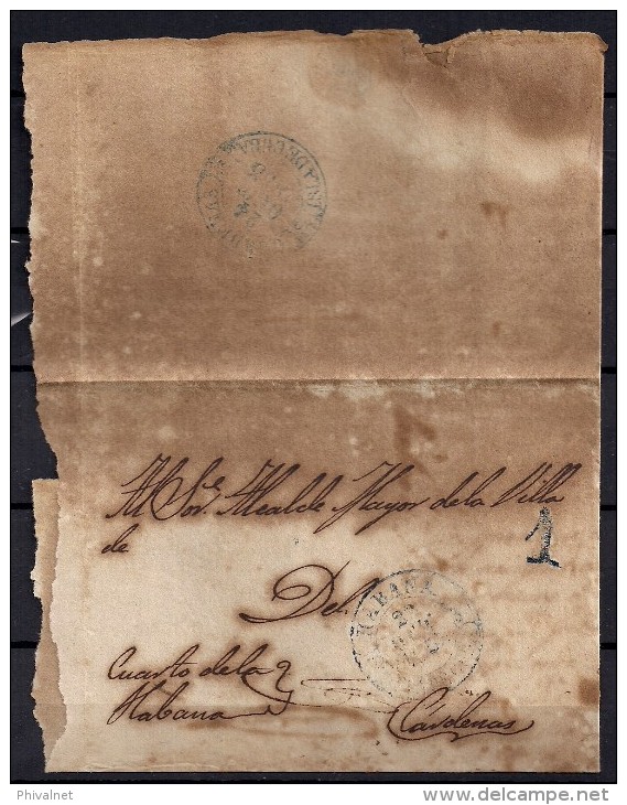 1855 , ENVUELTA CIRCULADA ENTRE LA HABANA Y CÁRDENAS , BAEZAS Y PORTEO - Prephilately