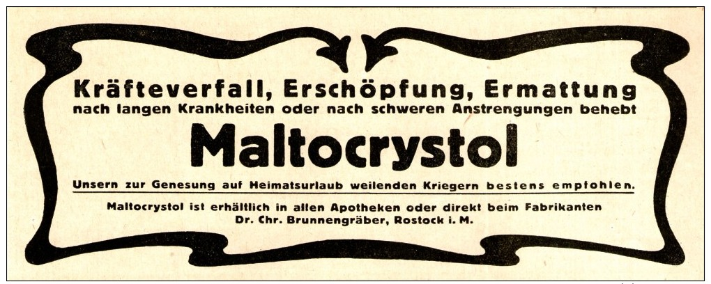 Original-Werbung/ Anzeige 1915 - MALTOCRYSTOL / BRUNNENGRÄBER - ROSTOCK - Ca 180 X 65 Mm - Werbung