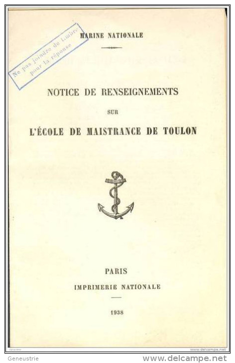 Notice De Renseignements " Ecole De Maistrance De Toulon " 1938 - WW2 WWII - Altri & Non Classificati