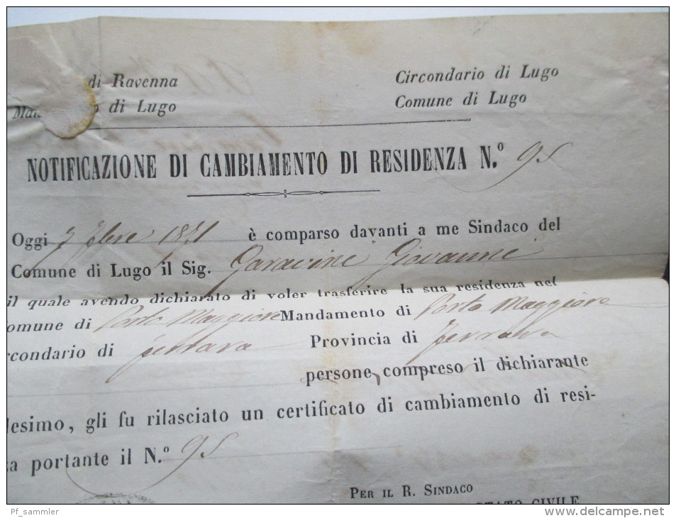 Italien 1871 Notificazione Di Cambiamento Di Residenza No 95. Municipio Sezione Statistica Di Lugo. Viele Stempel