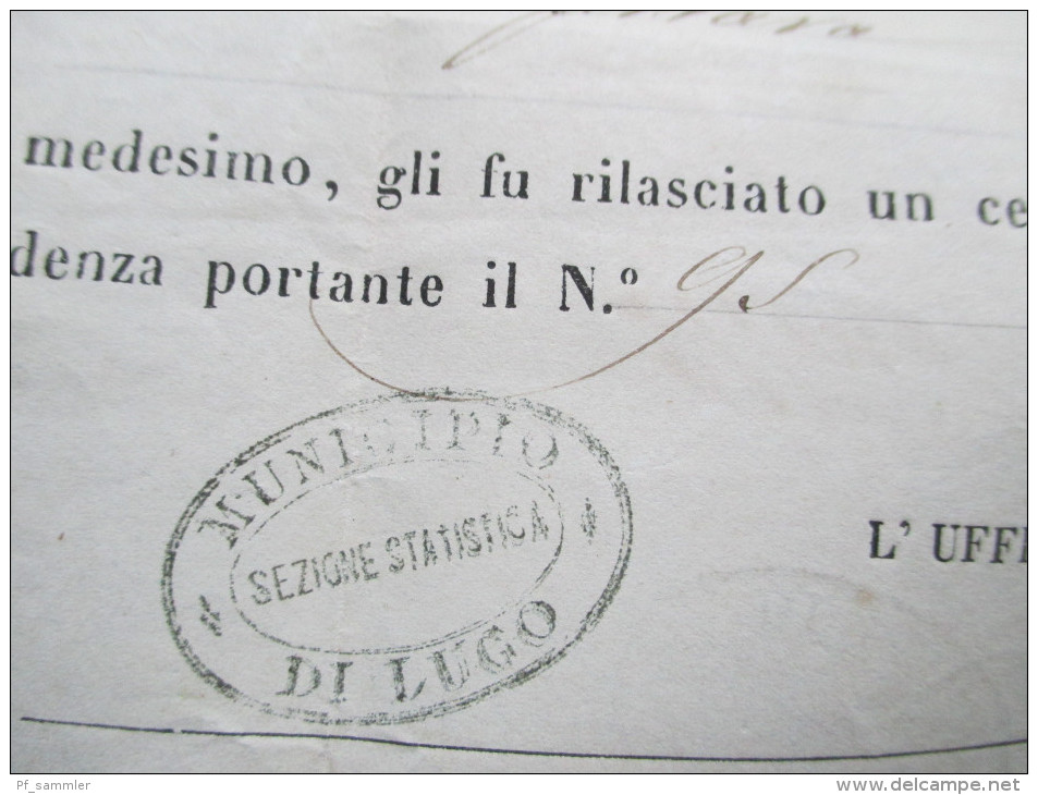 Italien 1871 Notificazione Di Cambiamento Di Residenza No 95. Municipio Sezione Statistica Di Lugo. Viele Stempel