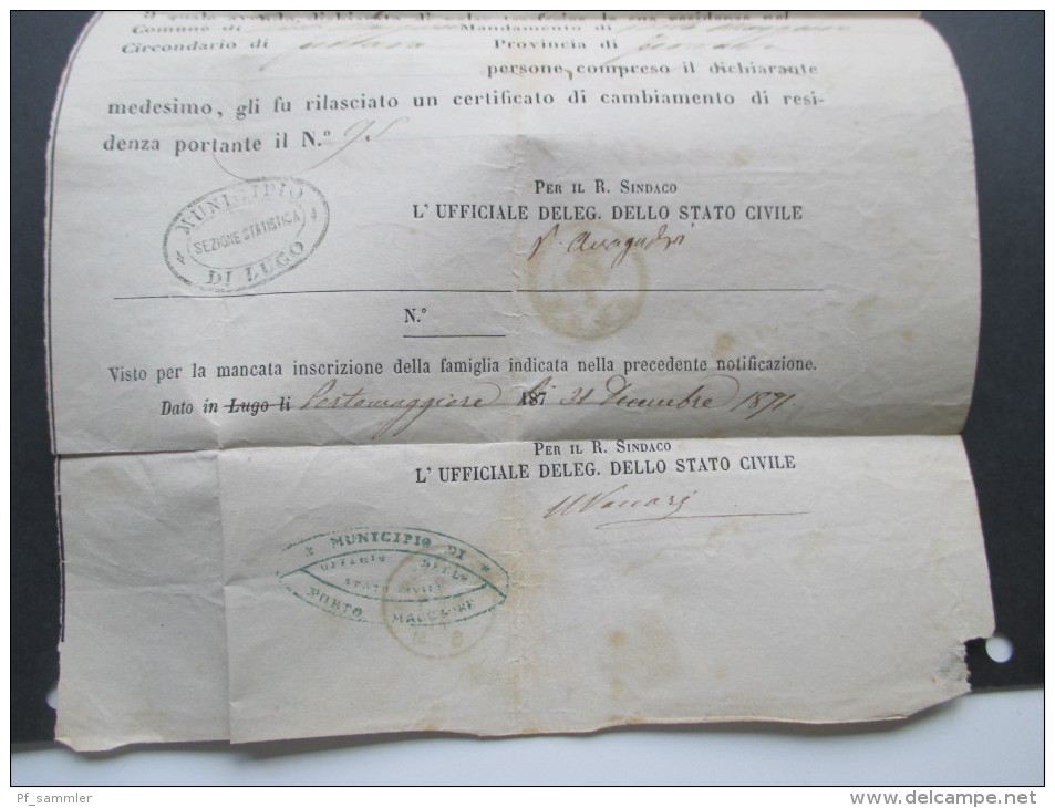 Italien 1871 Notificazione Di Cambiamento Di Residenza No 95. Municipio Sezione Statistica Di Lugo. Viele Stempel
