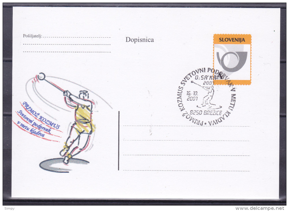 SLOVENIA 2007 Postal Card Stationery  Primoz Kozmus World Silver Medalist In The Hammer Throw Athletics - Slovenia