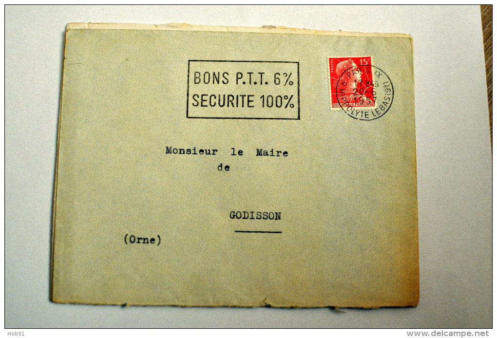 Flamme Publicitaire "Bons PTT  6%", Sur Lettre Paris 9° (Hippolyte Lebas) à Godisson - 20-06-1957 - Oblitérations Mécaniques (flammes)