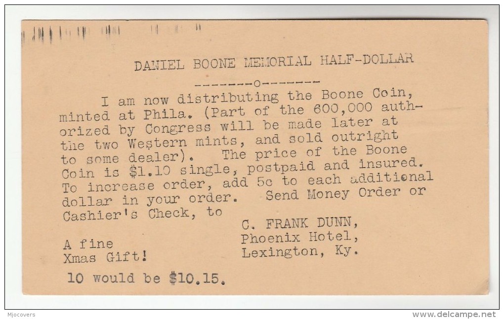 1934 USA 2c Postal STATIONERY CARD Re DANIEL BOONE COIN With SLOGAN Pmk RED CROSS ROLL CALL Cover Stamps - 1921-40