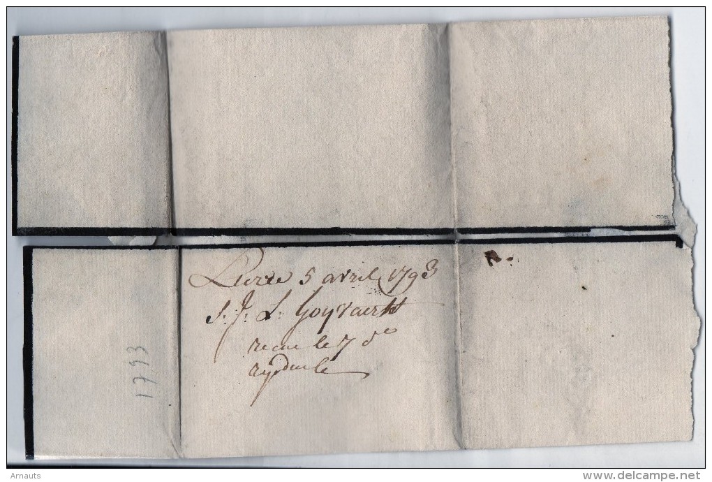 Voorloper Van Lier LIERRE  (zwart) Naar Gand  Gent 5 Avril 1793 GOYVAERTS Zie Scan + Watermerk Stempel Op Achterzijde - 1794-1814 (French Period)