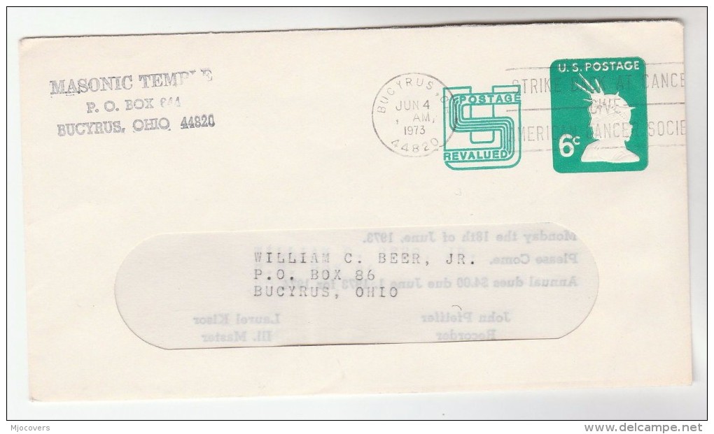 1973 USA Postal STATIONERY COVER Bucyrus MASONIC TEMPLE With  CONTENTS Masons Freemasonry Stamps - Freemasonry