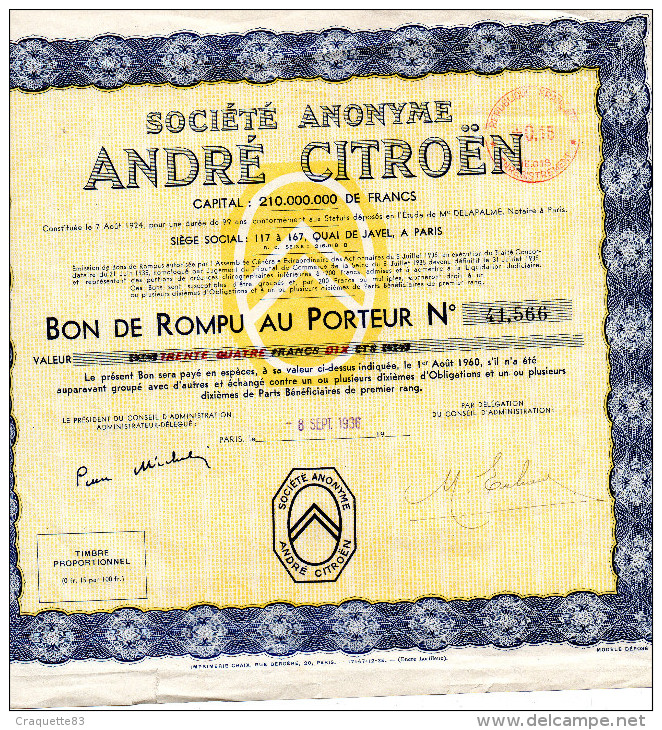ANDRE CITROEN  BON DE ROMPU AU PORTEUR N° 41,566 DU PT. 1936 - Automobile