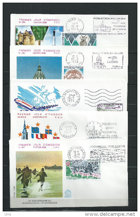 FRANCE  LOT   DE  5  ENVELOPPES  FDC  1974 OBLITERATIONS  CACHET  ET  FLAMME - 1970-1979