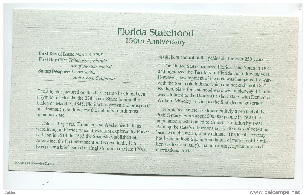 C Great Americans "" Florida Statehood - 150th Anniversary """ Gold Stamp Replica 1964 FDC/bu/UNC - Altri & Non Classificati