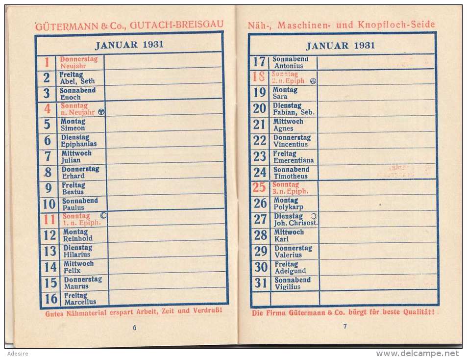 Gütermann Kalender 1931 - Nähseiden-Fabrik, Gütermann & Co, Gutach-Breisgau, Kalender 48 Seiten, Format Ca.11,2 X 7, - Kleinformat : 1921-40