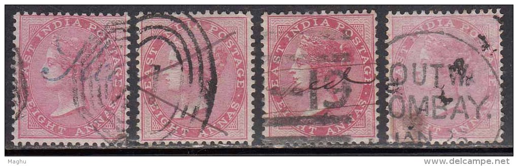 British East India Used 1868, Eight Annas X 4 Shades Variety, Elephant Wartermark - 1858-79 Kronenkolonie