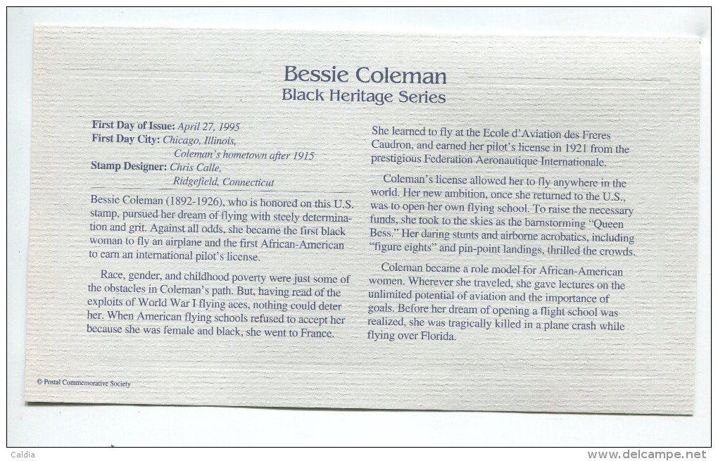 C Great Americans "" Bessie Coleman - Black Heritage Series """ Gold Stamp Replica 1964 FDC/bu/UNC - Autres & Non Classés