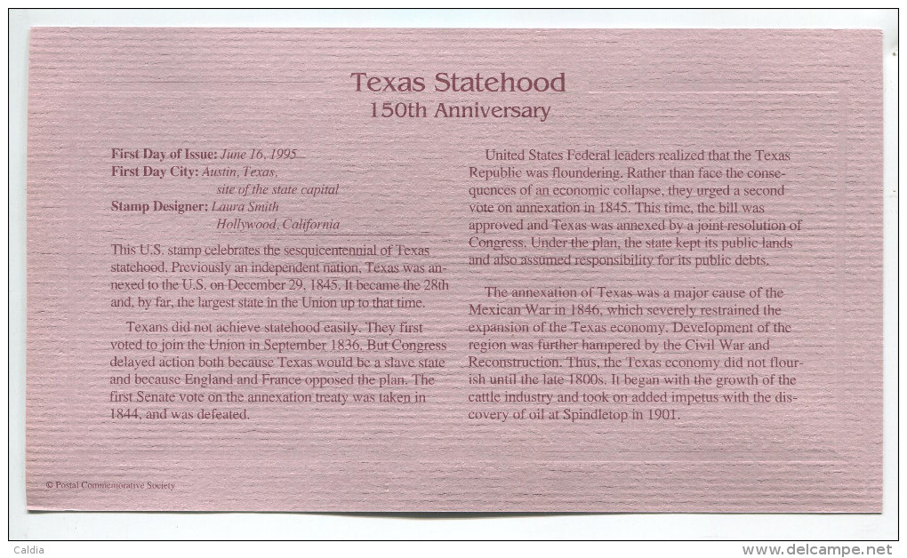 C Great Americans "" Texas Statehood - 150th Anniversary """ Gold Stamp Replica 1964 FDC/bu/UNC - Altri & Non Classificati