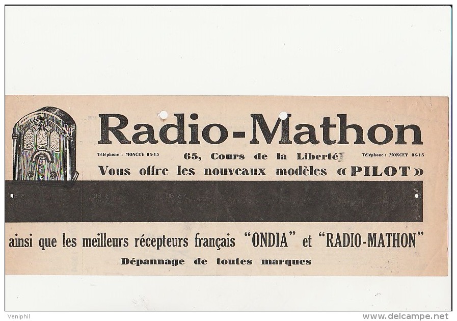 QUITTANCE ELECTRICITE AVEC PU AU DOS RADIO - MATHON -LYON - ANNEE 1934 - Bills Of Exchange