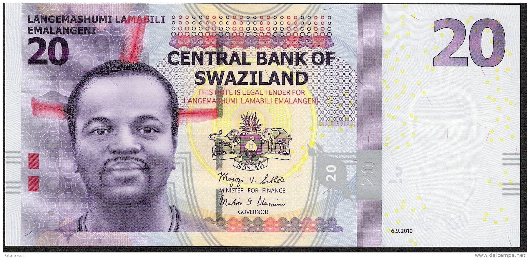 SWAZILAND P37a 20 EMALANGENI 2010 Low # AA0000785 Signature 9b  UNC. - Swasiland