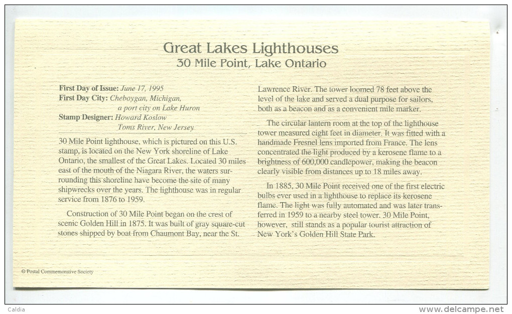 C Great Americans "" Great Lakes Lighthouses - 30 Mile Point - Lake Ontario """ Gold Stamp Replica 1964 FDC/bu/UNC - Altri & Non Classificati