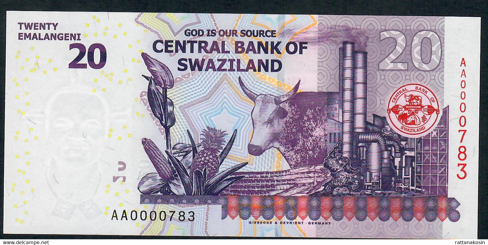 SWAZILAND P37 20 EMALANGENI 2010  Low # AA0000783 Signature 9b UNC. - Swasiland