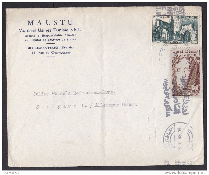 Tunisia: Airmail Cover To Germany, 1958, 2 Stamps, Architecture, Building, History (minor Damage; Folds) - Tunesië (1956-...)
