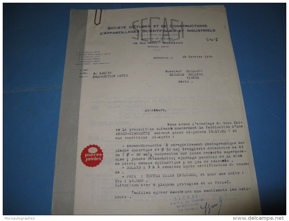 LETTRE SIGNEE SOCIETE "SECASI" BORDEAUX 1949 INSTRUMENTS SCIENTIFIQUES EXPEDITIONS POLAIRES à DE CAILLEUX - Autres & Non Classés