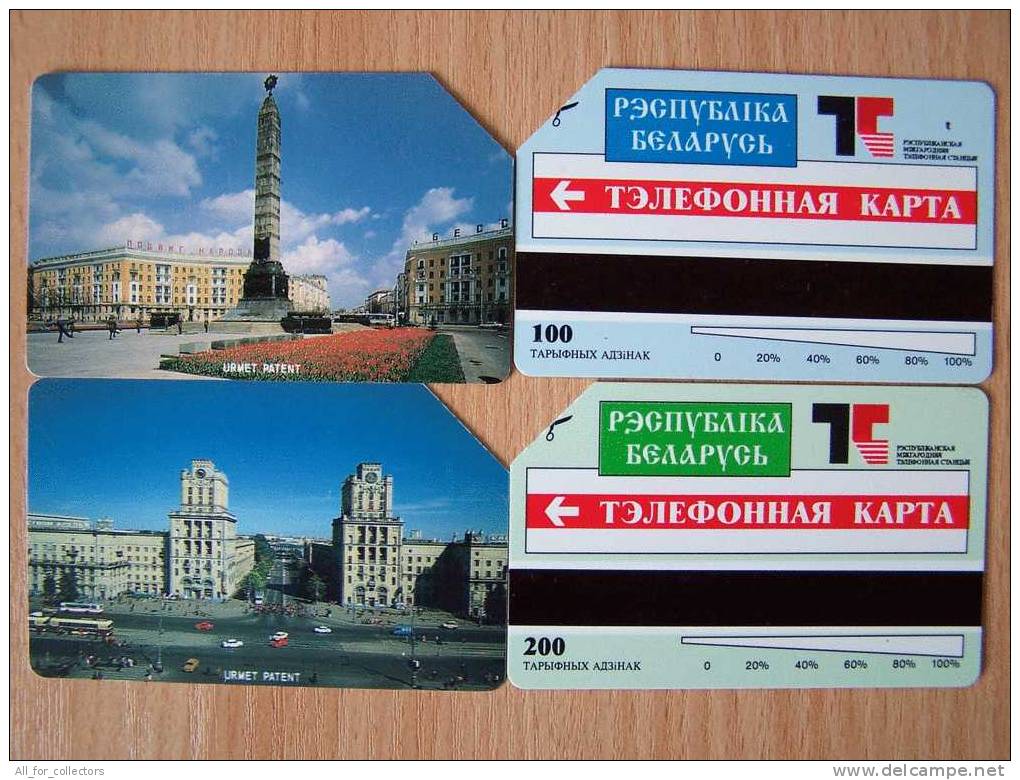 Urmet Magnetic 2 Phone Cards Minsk Obelisk View Of City From BELARUS Weißrussland Cartes Karten Old - Belarus